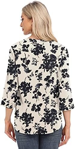 Womens Tops Casual Chiffon Blouses Tops 3/4 Sleeve V Neck Tunic Top Loose Shirt