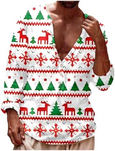 Men's Christmas Printed Pixel Snowflake Deer Theme Button Up Long Sleeve Casual Style T Shirt Plus T Shirt