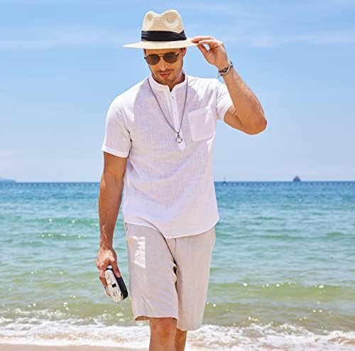 Men's Cotton Linen Shirt Short Sleeve Hippie Casual Beach T-Shirts with Pocket