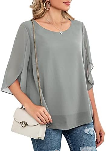 Womens Casual Scoop Neck Loose Top 3/4 Sleeve Chiffon Blouse Shirt Tops