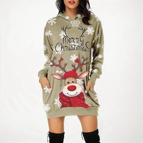 Christmas Women's Printed Long Sleeved Hooded Sweatshirt with Pocket Hoodie Pullover Maxi Dress for Women with