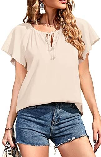 Women's Summer Casual Boho Floral Printed V Neck Chiffon Tops Drawstring Short Sleeve Blouses Shirt
