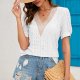 Women's Short Sleeve T Shirts Fashion Lace V Neck Tops Solid Casual Blouses Rib Cage Long Sleeve