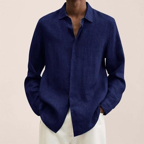 Male Summer Linen Solid Casual Plus Size Loose Shirt Mens Turn Down Long Sleeve Shirt Short Turtleneck Shirt