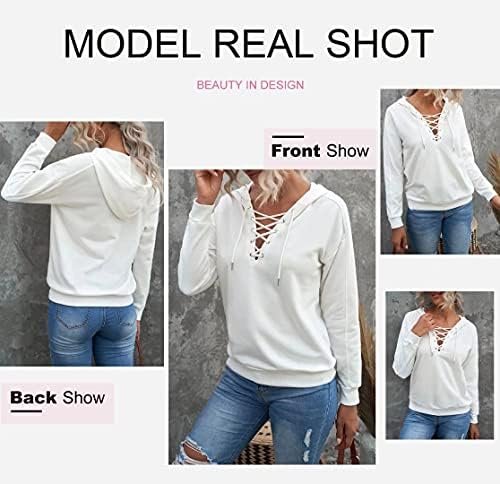 Womens Fashion Lace Up V Neck Drawstring Hoodies Sweatshirt Pullover Tops