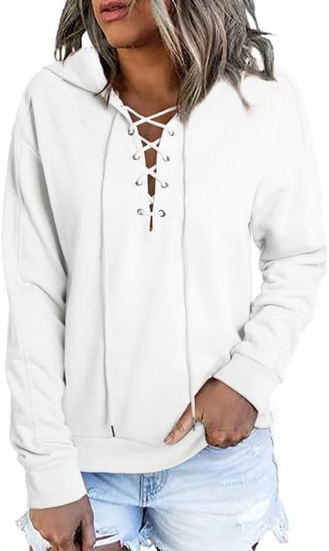 Womens Fashion Lace Up V Neck Drawstring Hoodies Sweatshirt Pullover Tops