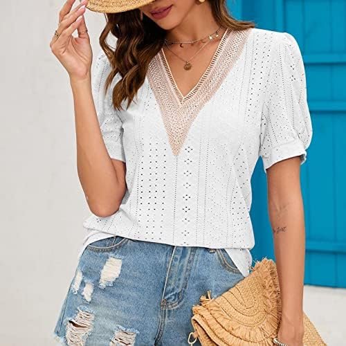 Women's Short Sleeve T Shirts Fashion Lace V Neck Tops Solid Casual Blouses Rib Cage Long Sleeve
