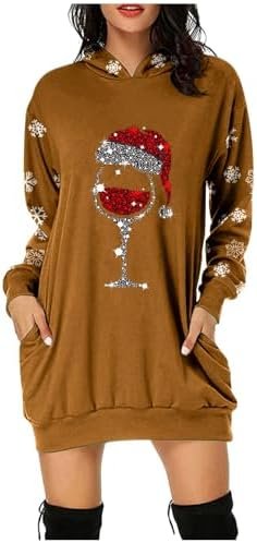 Christmas Women's Printed Long Sleeved Hooded Sweatshirt with Pocket Hoodie Pullover Dress Hoodie Born Dress