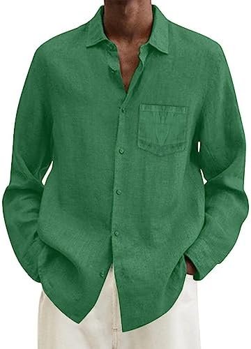 Men's Casual Autumn Long Sleeve Loose Fit Cotton Linen Button Down Shirt 5 Apparel