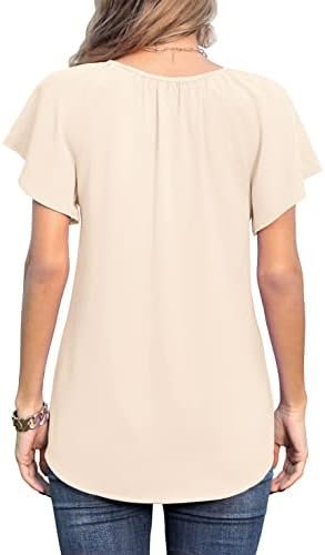 Women's Summer Casual Boho Floral Printed V Neck Chiffon Tops Drawstring Short Sleeve Blouses Shirt
