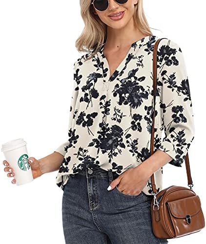 Womens Tops Casual Chiffon Blouses Tops 3/4 Sleeve V Neck Tunic Top Loose Shirt