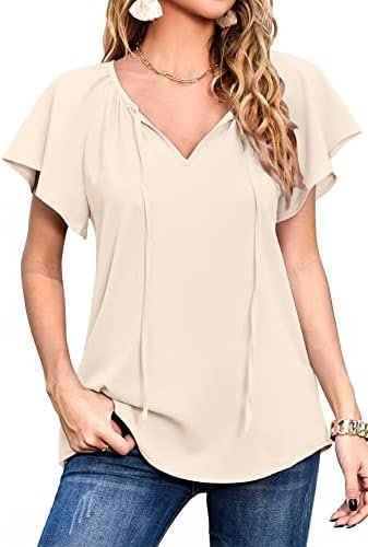 Women's Summer Casual Boho Floral Printed V Neck Chiffon Tops Drawstring Short Sleeve Blouses Shirt