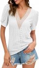 Women's Short Sleeve T Shirts Fashion Lace V Neck Tops Solid Casual Blouses Rib Cage Long Sleeve