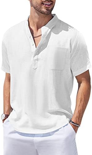 Men's Cotton Linen Shirt Short Sleeve Hippie Casual Beach T-Shirts with Pocket