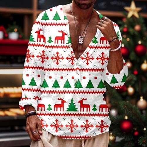 Men's Christmas Printed Pixel Snowflake Deer Theme Button Up Long Sleeve Casual Style T Shirt Plus T Shirt