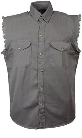 Men's Motorcycle Frayed Sleeves Grey Cut Off Shirt 100% Cotton Twill Shirt New