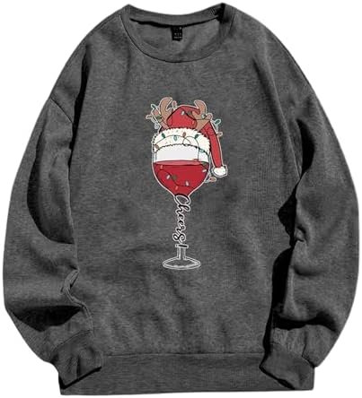Ladies Winter Christmas Red Wine Glass Printed Long Sleeved Hoodie Athletic Hoodies Women