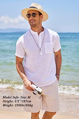 Men's Cotton Linen Shirt Short Sleeve Hippie Casual Beach T-Shirts with Pocket