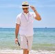 Men's Cotton Linen Shirt Short Sleeve Hippie Casual Beach T-Shirts with Pocket