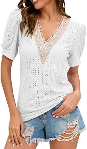 Women's Short Sleeve T Shirts Fashion Lace V Neck Tops Solid Casual Blouses Rib Cage Long Sleeve