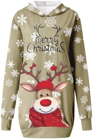 Christmas Women's Printed Long Sleeved Hooded Sweatshirt with Pocket Hoodie Pullover Maxi Dress for Women with