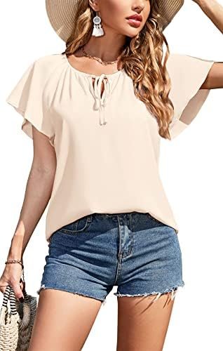 Women's Summer Casual Boho Floral Printed V Neck Chiffon Tops Drawstring Short Sleeve Blouses Shirt