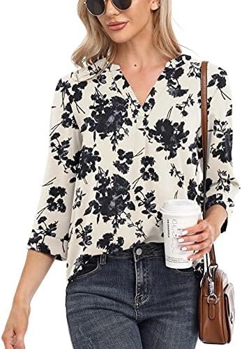 Womens Tops Casual Chiffon Blouses Tops 3/4 Sleeve V Neck Tunic Top Loose Shirt