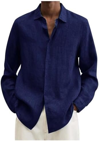 Male Summer Linen Solid Casual Plus Size Loose Shirt Mens Turn Down Long Sleeve Shirt Short Turtleneck Shirt