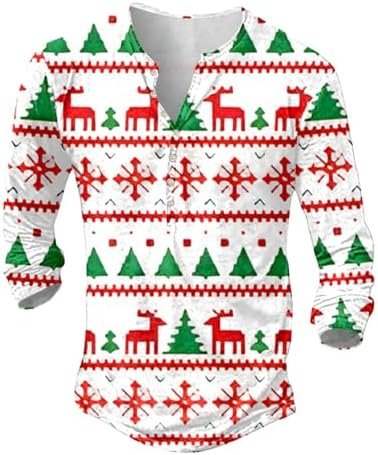 Men's Christmas Printed Pixel Snowflake Deer Theme Button Up Long Sleeve Casual Style T Shirt Plus T Shirt