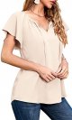 Women's Summer Casual Boho Floral Printed V Neck Chiffon Tops Drawstring Short Sleeve Blouses Shirt