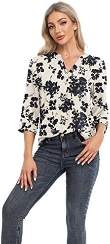 Womens Tops Casual Chiffon Blouses Tops 3/4 Sleeve V Neck Tunic Top Loose Shirt