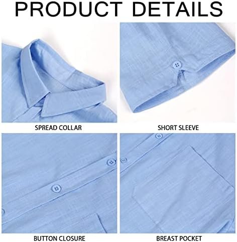Mens Button Down Shirts Casual Short Sleeve Linen Tops Cotton Lightweight Fishing Tees Spread Collar Plain Shirt