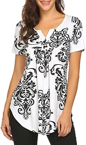 Women's Floral Printed Short Sleeve V Neck T-Shirt Pleated Casual Flowy Tunic Blouse Tops