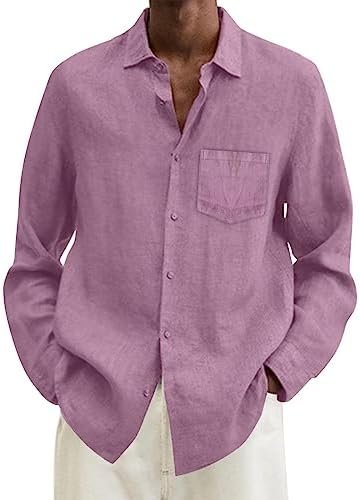 Male Summer Cotton Linen Solid Casual Plus Size Loose Shirt Mens Turn Down Long Sleeve Shirt Long Sleeve Stretch