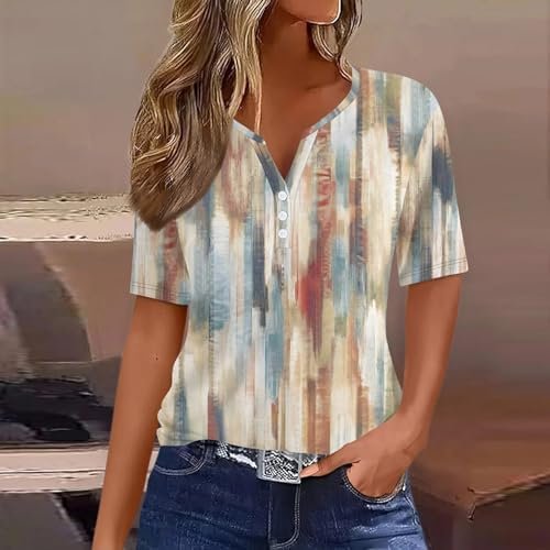 Womens Tops Neck Buttons Sexy Shirts Short Sleeve Dressy Blouses Geometric Print Sweatshirts Clothes Lady Long