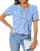 Women's V Neck Tops Puff Short Sleeve T-Shirts Fashion Summer Pleated Tunic Casual Work Blouse