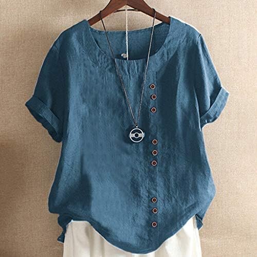 Women's Pullover Round Neck Vintage Cotton and Linen Print Loose Short Sleeve Blouse Blouse Pajama Shirts Women