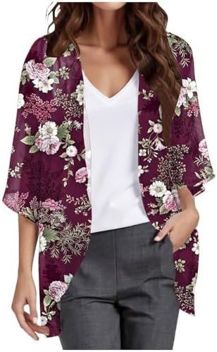 Women's Floral Print Puff Sleeve Kimono Loose Cover Up Casual Blouse Tops Womens Sweaters Elbow