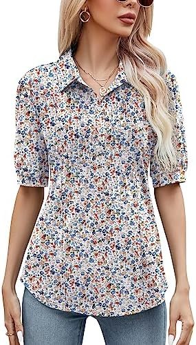 Womens Blouses Dressy Casual Short Sleeve Button Down Collared Polo Shirt Loose Tunic Summer Tops