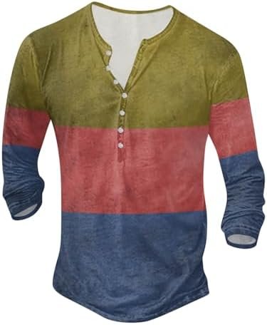 Men's Patchwork Color Casual Crew Neck Button Up T Shirt Large Size Digital Printed T Shirt Long Sleeve Top