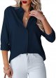 Womens Button Down Shirts V Neck Long Sleeve Office Casual Business Plain Blouse Tops with Pocket