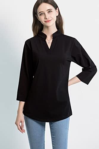 Women's 3/4 Sleeve V Neck Stretch Loose Tunic Tops Casual Cotton Blouse Collared Breathable Work Shirt