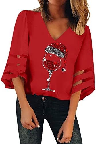 Women Casual Top Shirt V Neck Mesh Top Trumpet Half Sleeves Casual Christmas Tops Fashion Christmas Blouse Womens