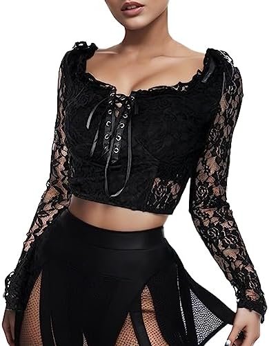 Women Gothic Elegant Hollow Sleeve Retro Womens Shirt Long Black Sexy Lace Top Womens Blouse Blank Tee Shirts for