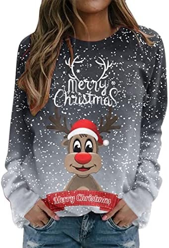 Ladies Sweatshirt Merry Christmas Round Long Sleeve Print Easy Top Blouse Solid Pullover Sweatshirt Women