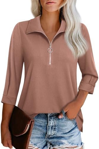 Womens Tops Dressy Casual Summer Fall Outfts 3/4 Length Sleeve V Neck Shirts Work Blouses Zipper Collar Polo Shirts