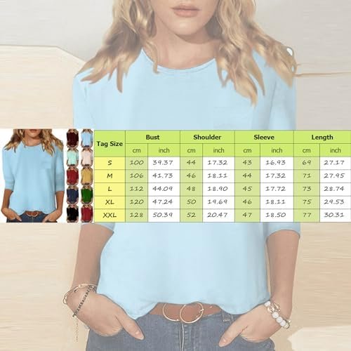 Women 3/4 Sleeve Top Summer Casual Versatile Regular Simple Printed Shirt Round Neck Casual Shirt Top Womens