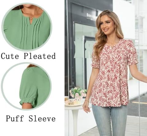 Women's V Neck Tops Puff Short Sleeve T-Shirts Fashion Summer Pleated Tunic Casual Work Blouse