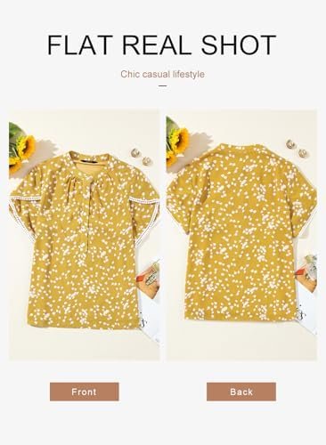 Womens Tops Summer Casual Boho Floral Print Short Sleeve Half Button Down V Neck Chiffon Blouses Shirts