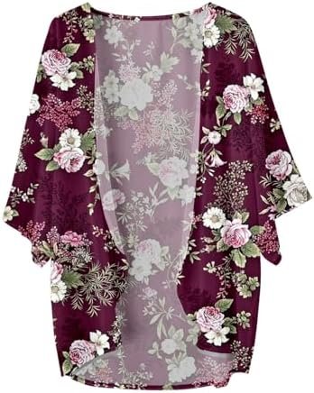 Women's Floral Print Puff Sleeve Kimono Loose Cover Up Casual Blouse Tops Womens Sweaters Elbow